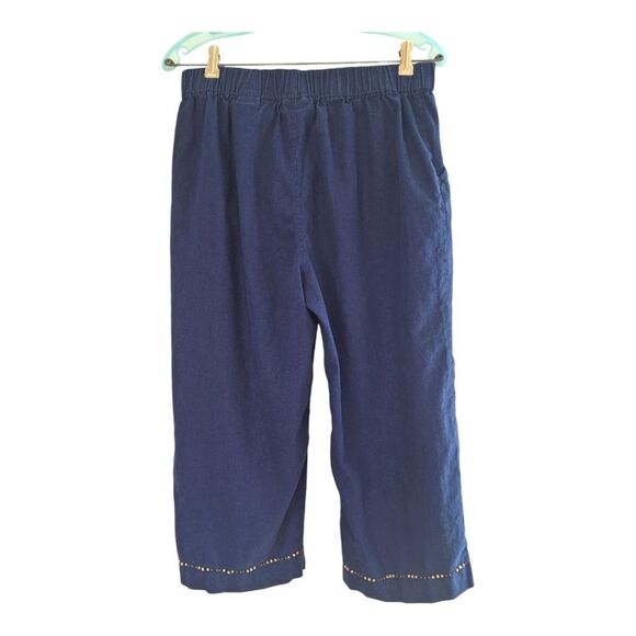 Pappagallo Linen Blend Loose Cropped Pant Embellished Drawstring Pockets S Blue - Picture 4 of 16